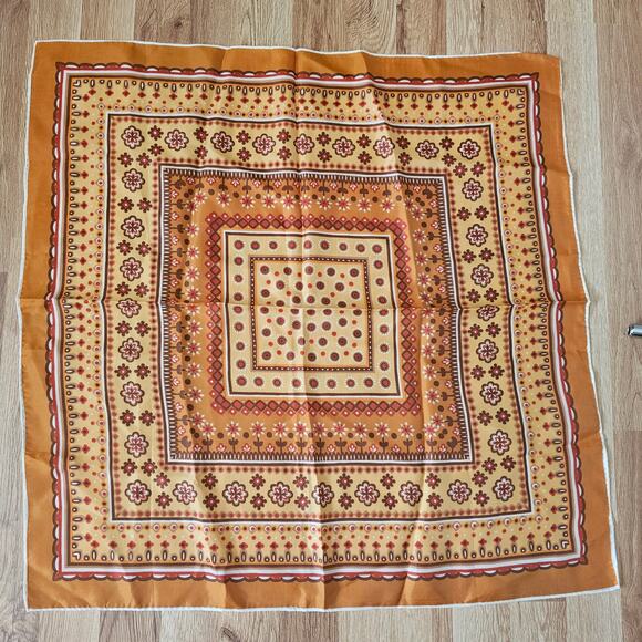 Vtg Retro Floral Geometric Scarf 70s Earth Tone Square Polyester Bandana Style - Picture 1 of 2